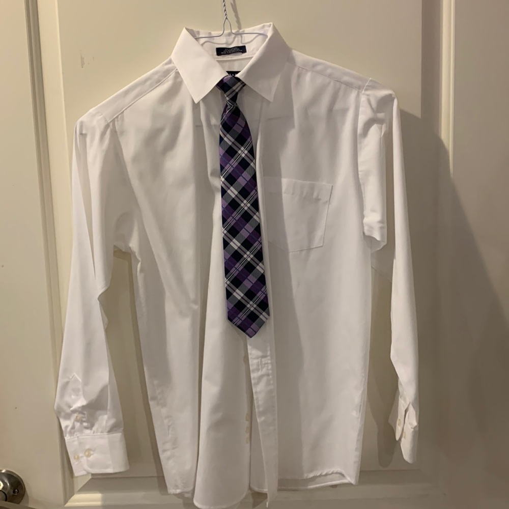 Chaps Boys white dress shirt. Two clip ties included.
